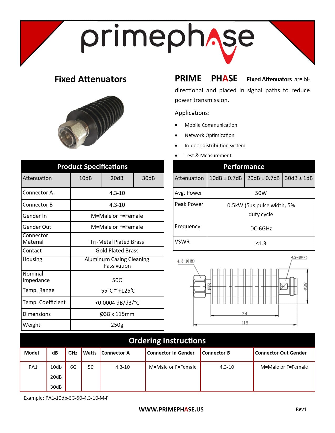 RF Attenuator 20dB, 50W, DC-6GHz, 4.3-10(Male to Female), Bi-Directional