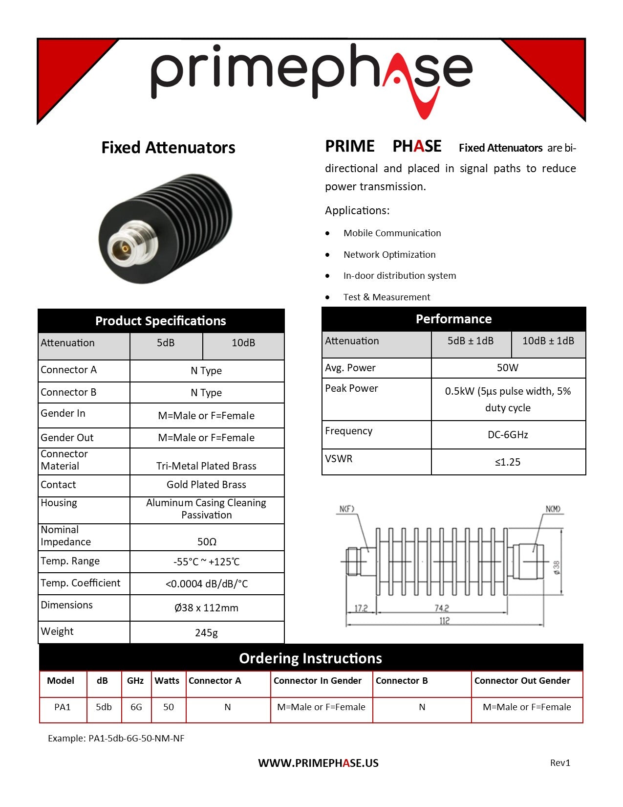 RF Attenuator 5dB, 50W, DC-6GHz, N(Male to Female), Bi-Directional