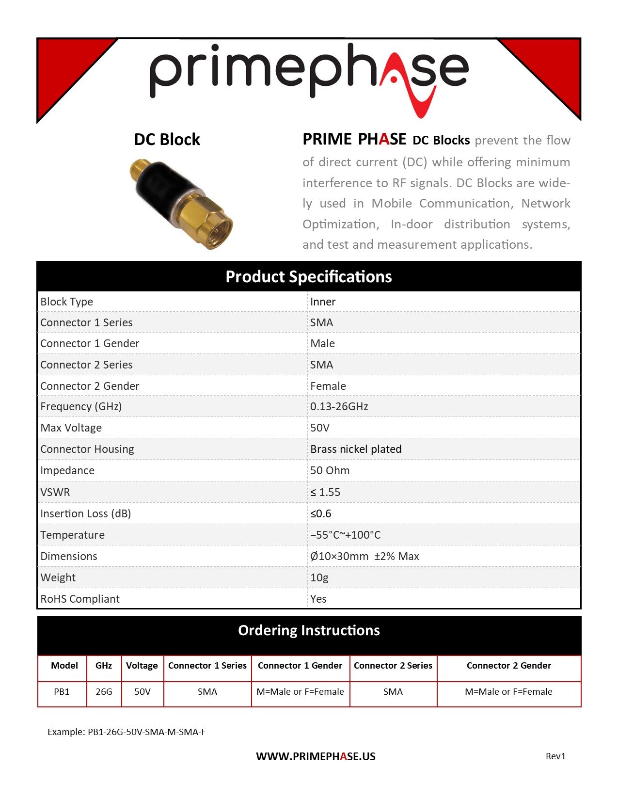 DC Block SMA Male-Female, 0.13-26GHz, 50V