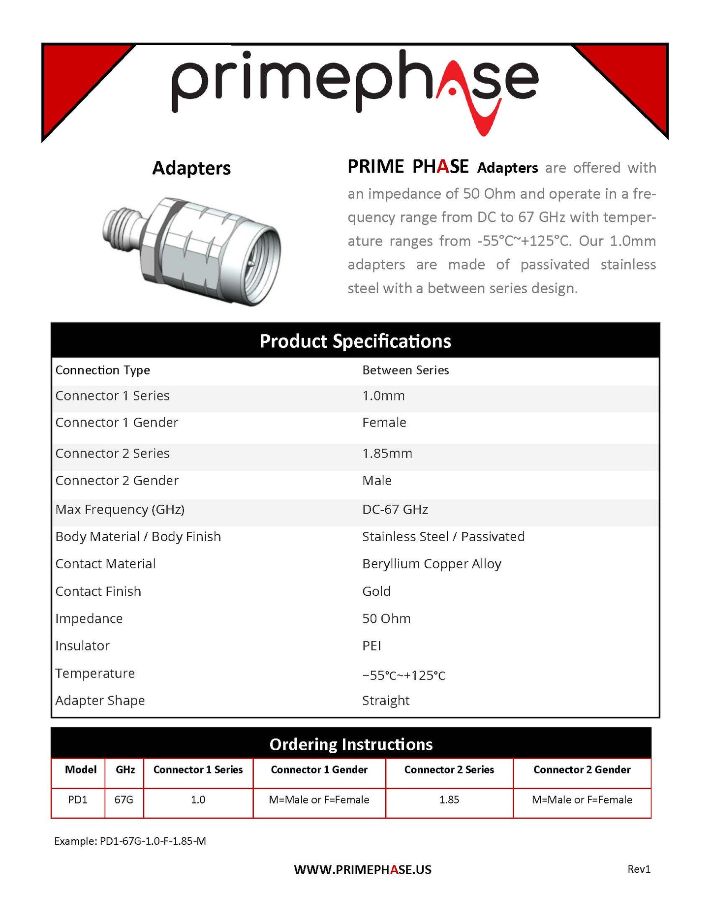 Precision RF Adapter 1.0mm (Female) to 1.85mm(Male)