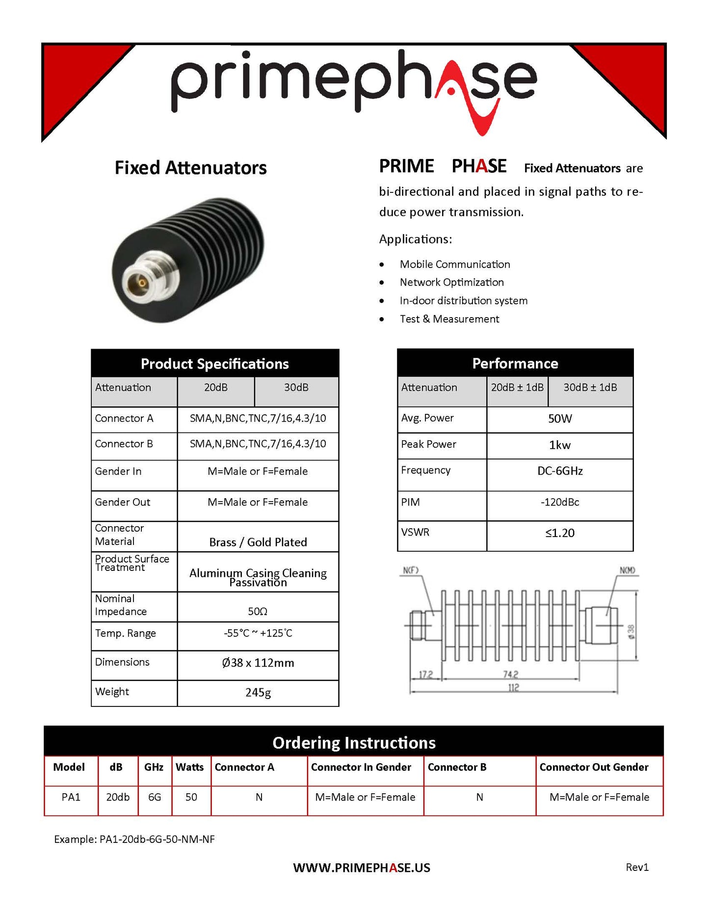 RF Attenuator 20dB, 50W, DC-6GHz, N(Male to Female)- Bi-Directional