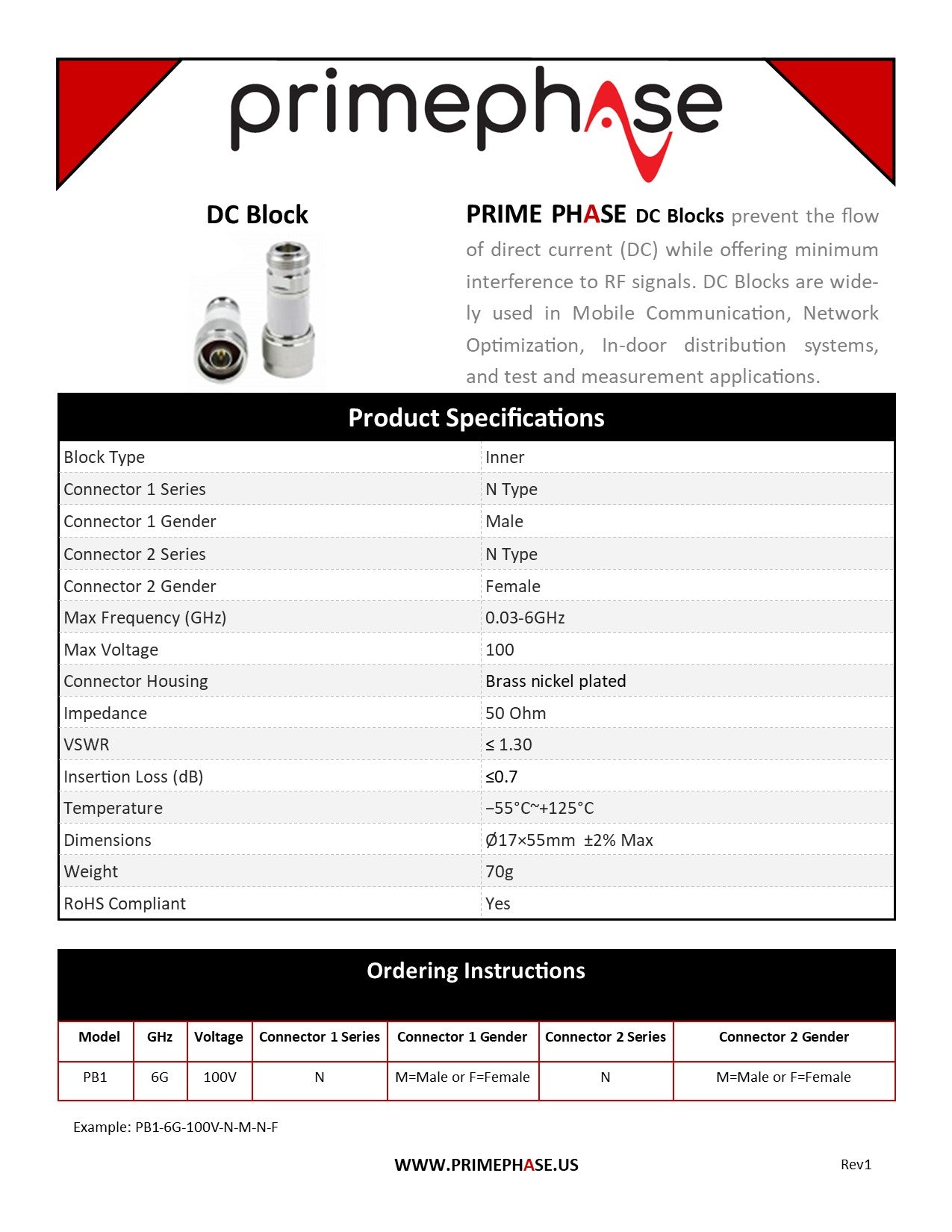 DC Block N Male-Female, 0.03-6GHz, 100V