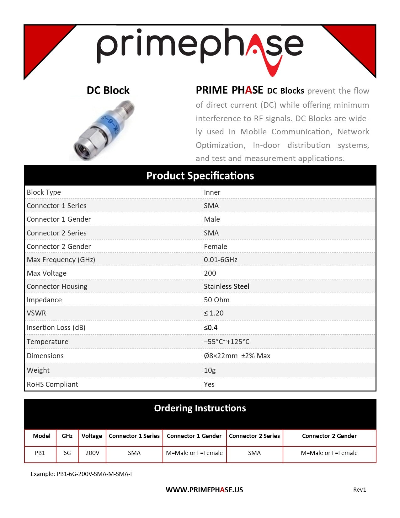 DC Block SMA Male-Female, 0.01-6GHz, 200V