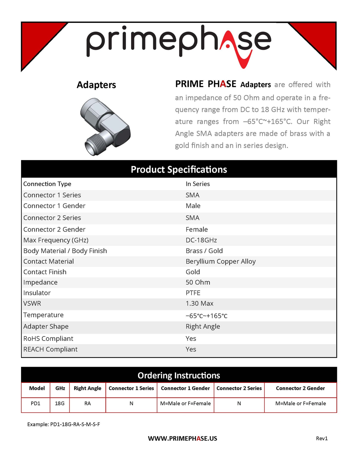 Precision RF Adapter Right Angle SMA (Male) to SMA (Female)