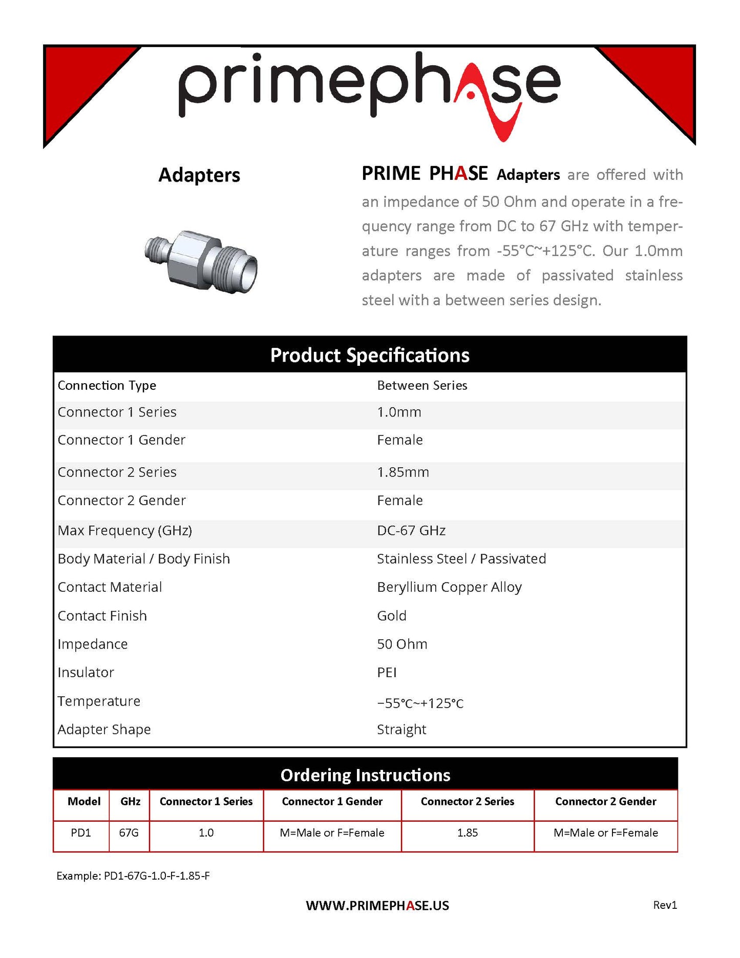 Precision RF Adapter 1.0mm (Female) to 1.85mm(Female)