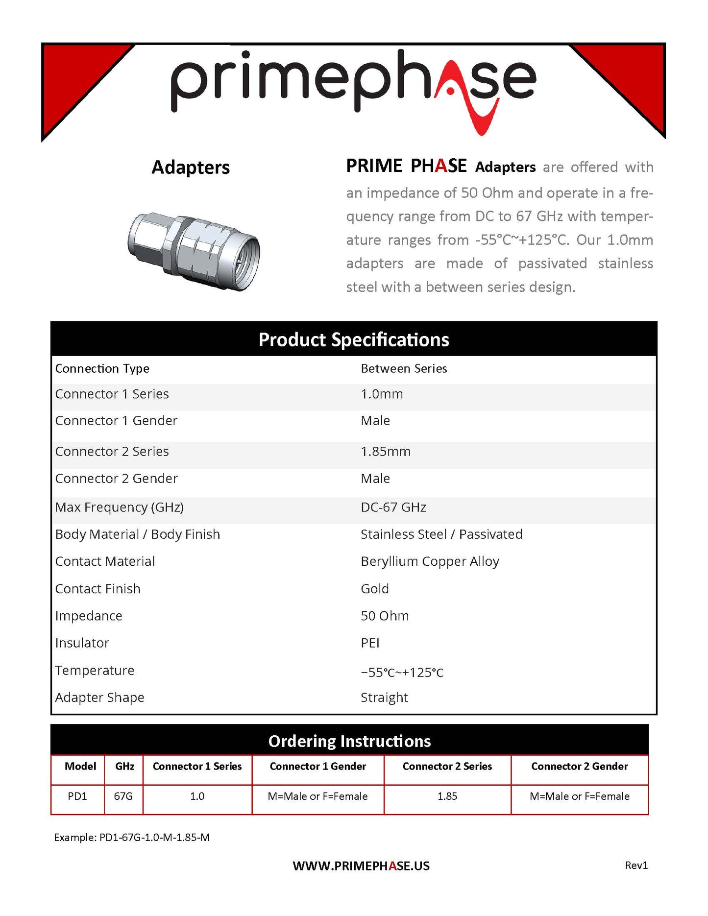 Precision RF Adapter 1.0mm (Male) to 1.85mm(Male)