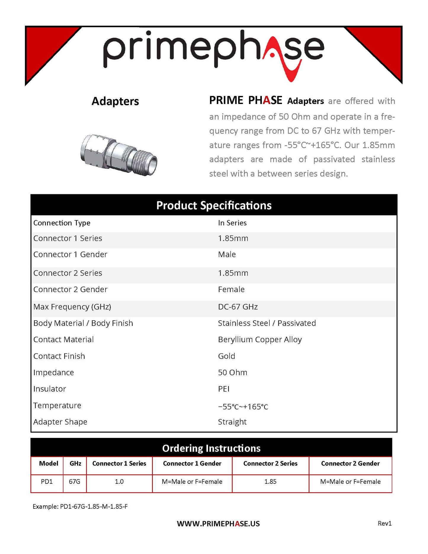 Precision RF Adapter 1.85mm (Male) to 1.85mm(Female)